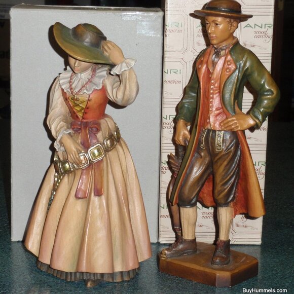 10" ANRI WOOD CARVED PAIR SET OLD GROEDNER MAN AND WOMAN SIGNED WITH BOXES RARE! - Picture 6 of 11